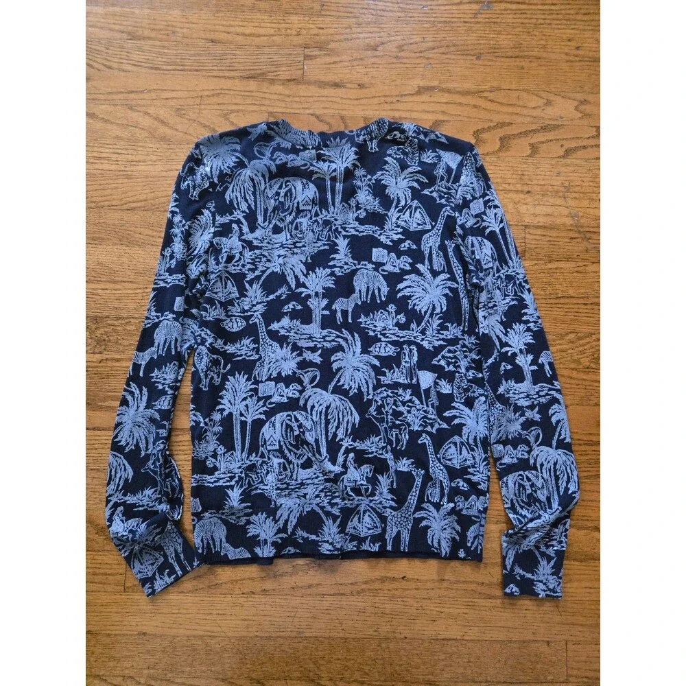 Tory Burch Women's Safari Print Semi Sheer Button Up Cardigan Blue Size Small
